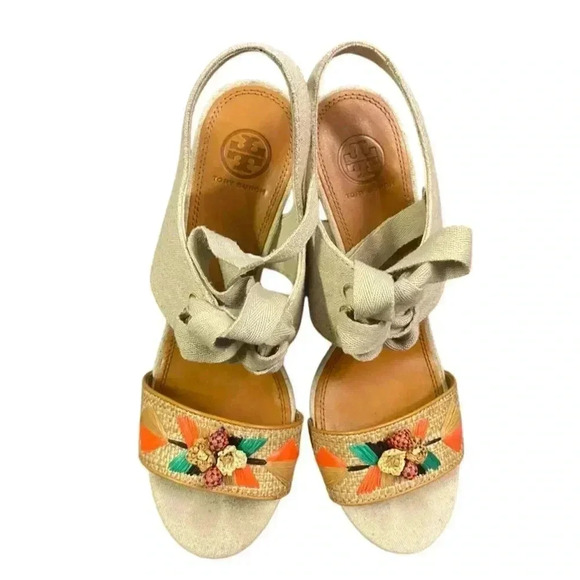 TORY BURCH Geraldine Raffia & Linen Lace-Up Sandals Size 9.5 - Picture 8 of 13